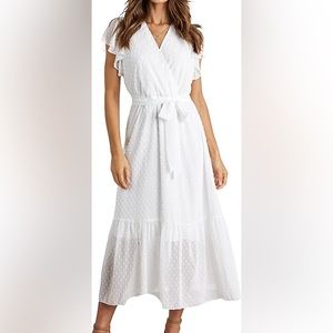 White wrap ruffle cap sleeve midi dress